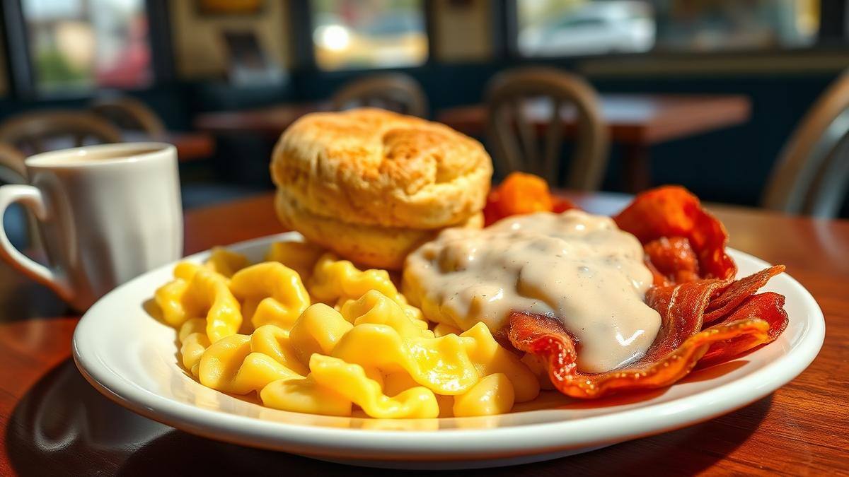 Southern breakfast plate with biscuit, gravy, eggs, and bacon at Toast! All Day in Summerville SC